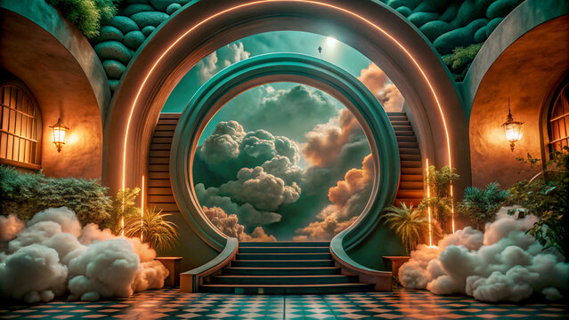 Surreal architectural portal with glowing neon archway opening to a dramatic cloudy sky and staircase