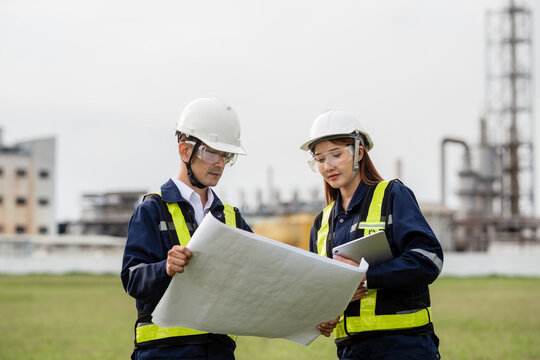 Engineering Team Analyzing Blueprint and Tablet Data at an Industrial Site. Two people wearing safety gear and looking at a drawing