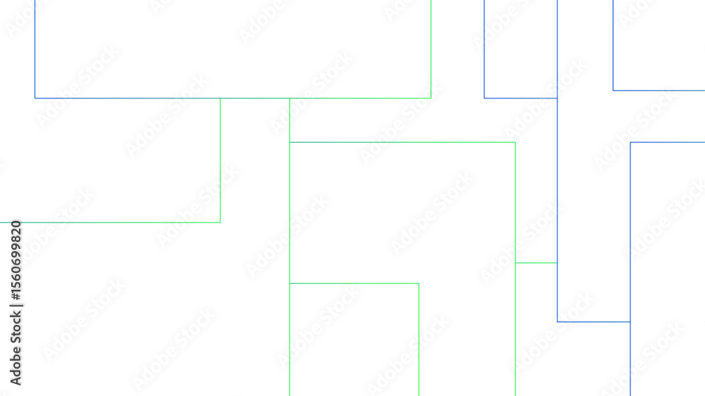 Aufkleber Minimalist abstract background with a white base, with a geometric pattern composed of thin, multi-sized rectangles with soft green and blue lines. Organized, and digital, with a technical