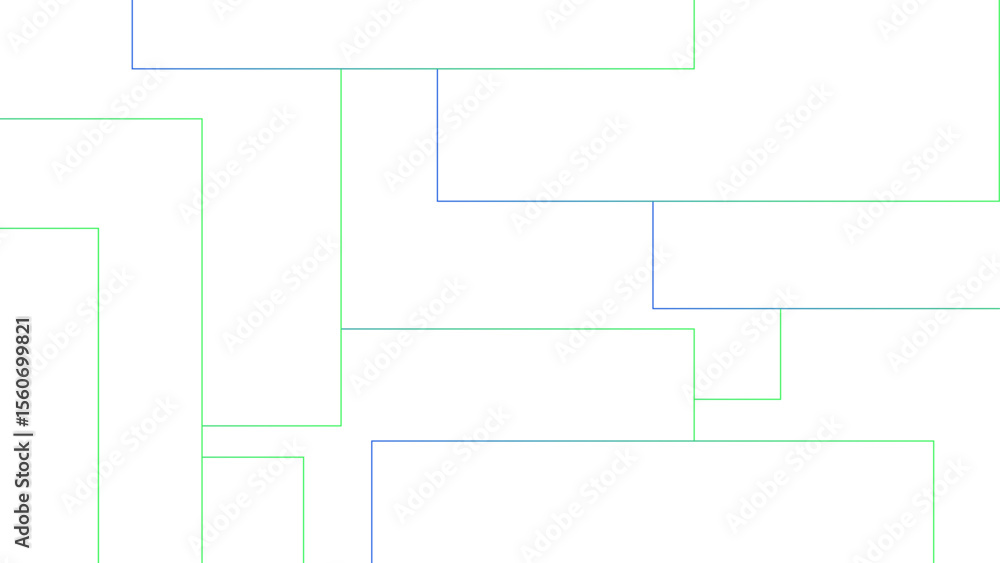 Poster Minimalist abstract background with a white base, with a geometric pattern composed of thin, multi-sized rectangles with soft green and blue lines. Organized, and digital, with a technical