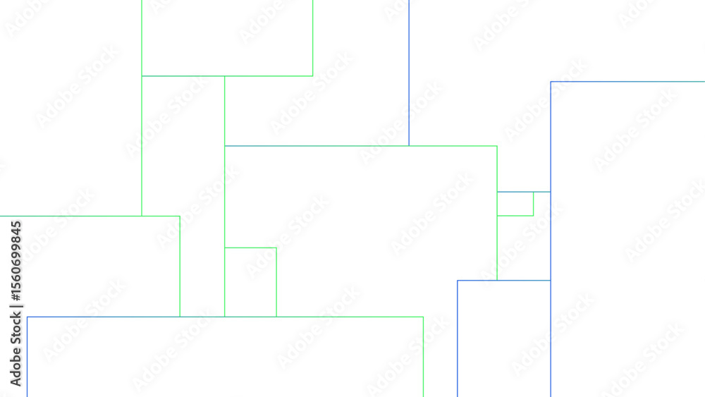 Aufkleber Minimalist abstract background with a white base, with a geometric pattern composed of thin, multi-sized rectangles with soft green and blue lines. Organized, and digital, with a technical