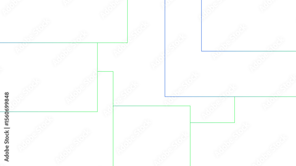Poster Minimalist abstract background with a white base, with a geometric pattern composed of thin, multi-sized rectangles with soft green and blue lines. Organized, and digital, with a technical