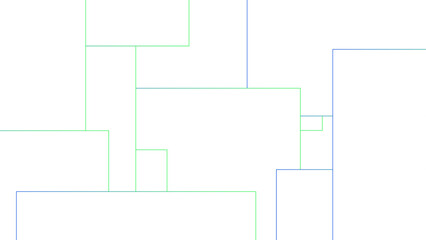 Minimalist abstract background with a white base, with a geometric pattern composed of thin, multi-sized rectangles with soft green and blue lines. Organized, and digital, with a technical