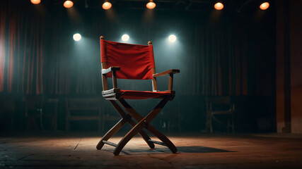 Director chair on the stage with dramatic spotlight. Film studio interior, theatre stage with director chair and lighting