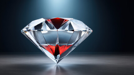 A flawless, brilliantly cut diamond reflects crimson light, creating a captivating display of clarity and color against a dark, subtly textured backdrop.