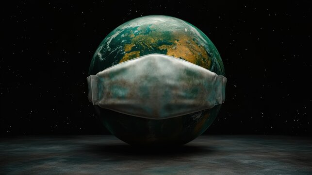 Planet earth wearing a protective mask symbolizes global unity during pandemic challenges - Powered by Adobe