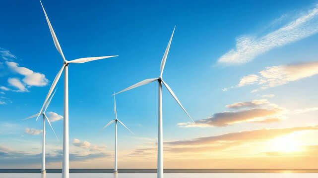 Harnessing the Wind's Energy: A picturesque scene unfolds as massive wind turbines gracefully stand against a vast, vibrant sky at dawn or dusk. These turbines convert wind into clean.