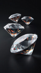 Four exquisitely cut diamonds shimmer radiantly against a sleek, dark backdrop, their facets catching the light, creating a mesmerizing display of brilliance and luxury.