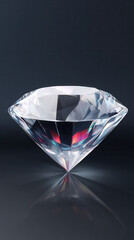 A dazzling, multifaceted diamond with brilliant reflections sits gracefully on a sleek, dark surface, exhibiting its impeccable cut and mesmerizing optical qualities.