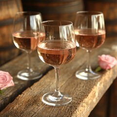 Naklejka premium Elegant rose wine glasses set on a rustic wooden table surrounded by pink roses