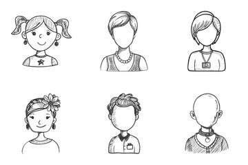 Fototapeta premium Hand-drawn female and child avatars, some looking at camera and smiling, others faceless. Pencil sketch characters with diverse accessories. Concept community, education, user interface