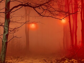 A spooky and eerie red fog permeates a dark forest at twilight, creating a mysterious and ominous atmosphere along the obscured path
