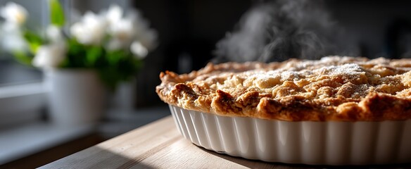 Steaming Homemade Apple Pie with Sugar with Rustic  Cozy Baking, and Food Photography.