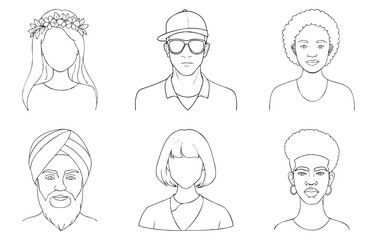 Diverse male and female avatars in clean line art, with floral crowns, turbans, afros and accessories. One person looking at camera and smiling. Concept diversity, global identity, social inclusion