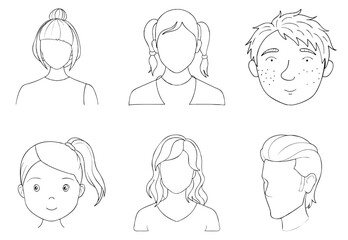 Cartoon avatars of kids and teens with pigtails, ponytails, freckles and trendy hairstyles, one looking at camera and smiling. Clean line art portraits. Concept childhood media, education, profiles

