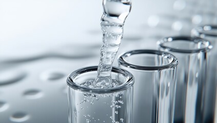 Clear liquid pouring into test tubes