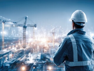 Engineer overlooking construction site at night