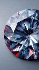 An intricately cut round diamond with facets reflects light in a mesmerizing display of sparkle and brilliance against a muted neutral background so elegant.