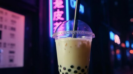 Discover bubble tea delights with tapioca pearls on a vibrant city night