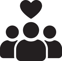 Silhouette icon of employee group with heart symbol, representing team wellness, care, and workplace harmony.