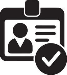 Silhouette icon of employee ID badge with checkmark symbol, representing onboarding support and approval.