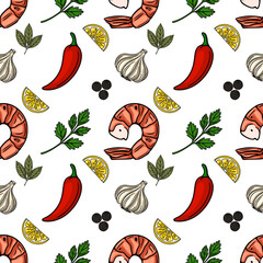 Seamless vector pattern of grilled shrimps, lemon slices, chili peppers, garlic, parsley, and black peppercorns, creating a vibrant and appetizing culinary illustration.