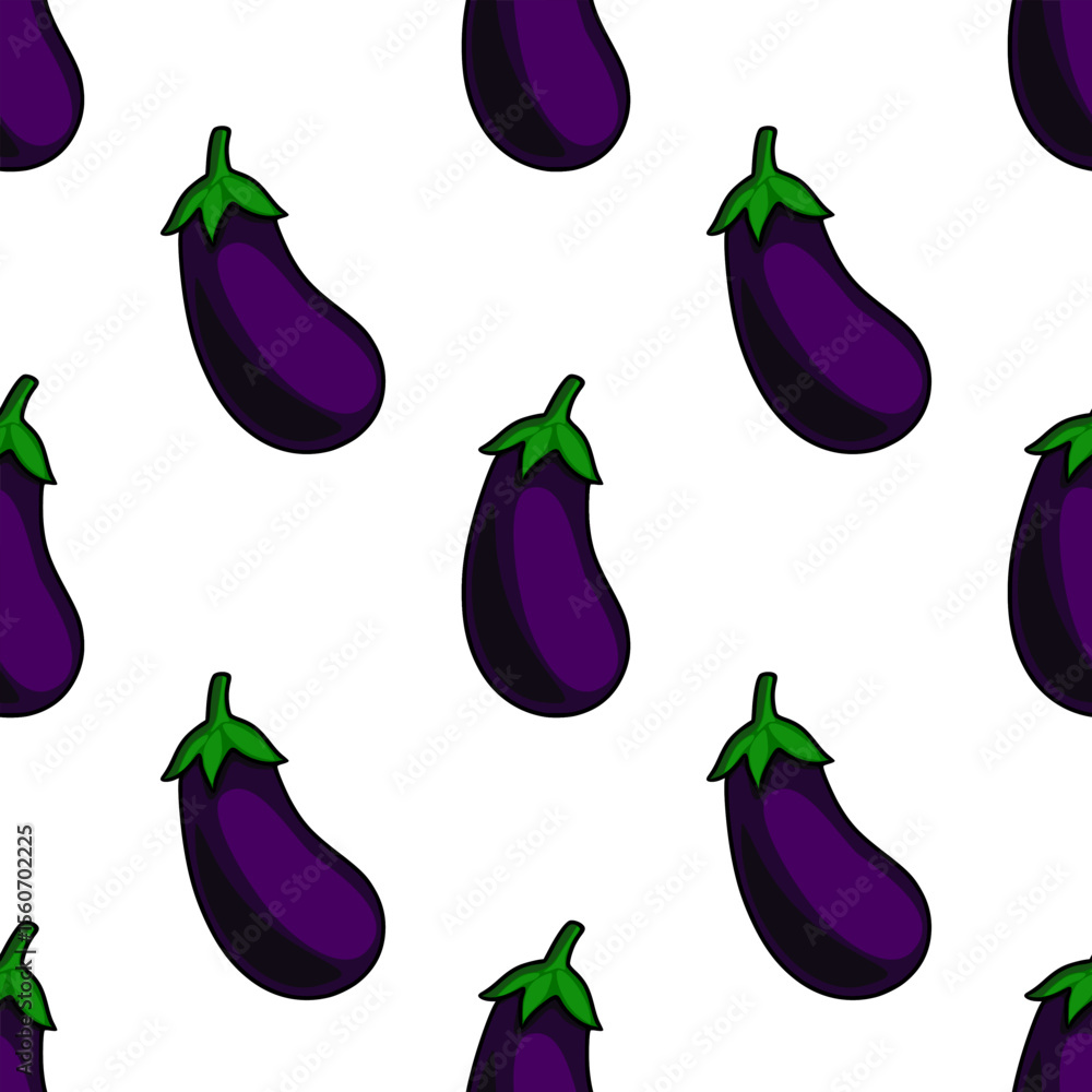 Aufkleber seamless vector pattern of stylized eggplants with gradient shading and green leaves on a white back