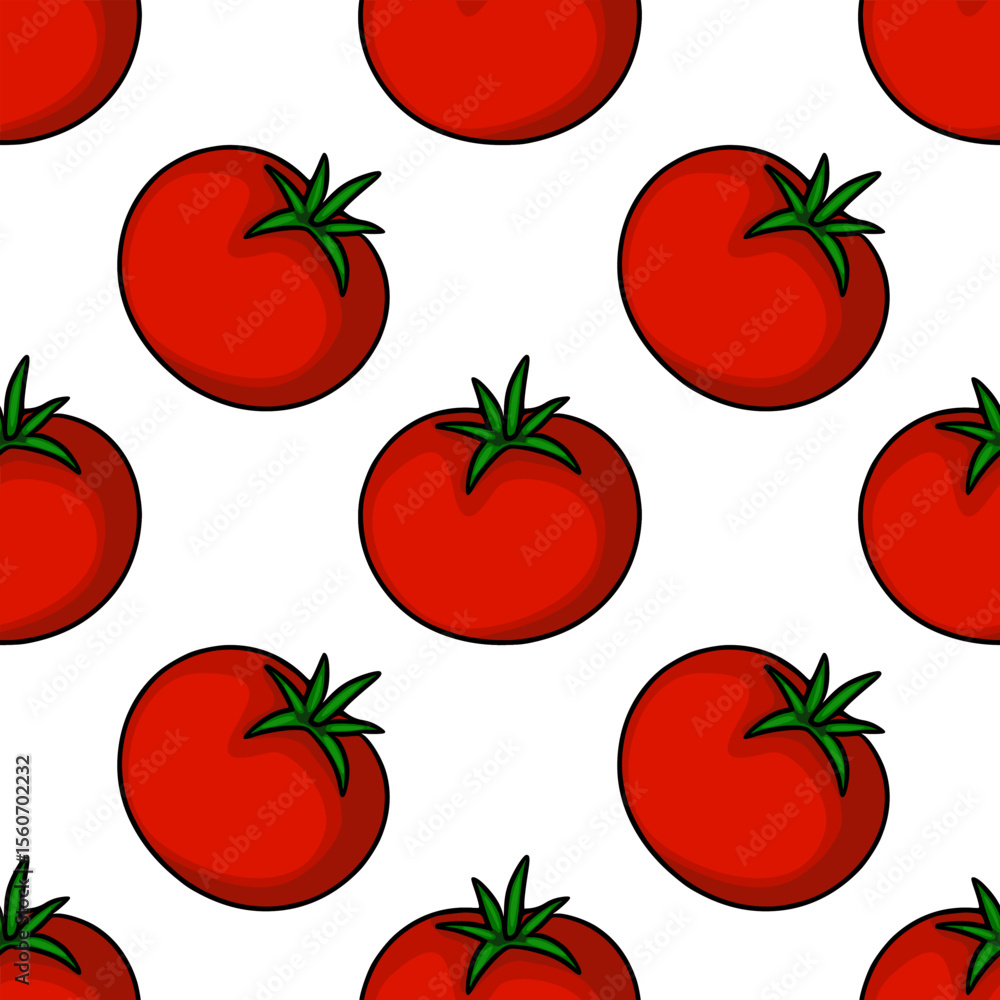 Poster seamless vector pattern of ripe red tomatoes with green stems, creating a vibrant and appetizing des