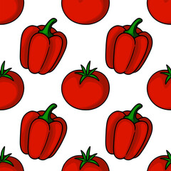 Seamless vector pattern of red bell peppers and tomatoes, vibrant illustration with bold outlines on a white background, perfect for kitchen designs or food-related projects.