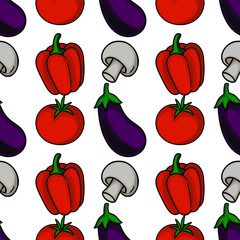 Seamless vector pattern of vibrant red bell peppers, ripe tomatoes, dark purple eggplants, and light grey mushrooms, creating a cheerful and appetizing design ideal for kitchen-themed projects.