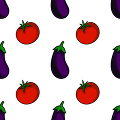 Seamless vector pattern of ripe red tomatoes and dark purple eggplants, creating a vibrant and contrasting food design perfect for kitchen textiles or packaging.
