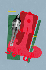 Composite zine pop trend collage of happy girl guy business project startup stand rocket fly phone...