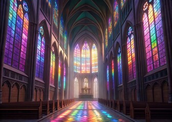 Colorful rainbow light streams through the stained glass windows of a grand cathedral, illuminating the interior and creating a sacred and spiritual atmosphere