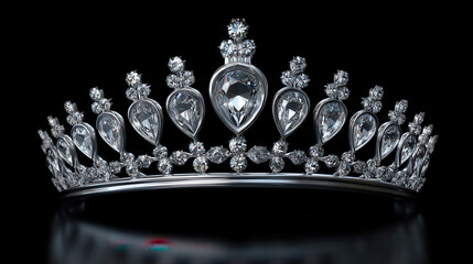 A glistening silver tiara adorned with brilliant teardrop and round diamonds rests elegantly against a glossy black background, sparkling with radiant reflections.