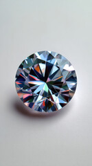 A brilliantly cut round diamond sparkles with iridescent reflections, casting a delicate shadow on a plain white surface in this stunning close up image.