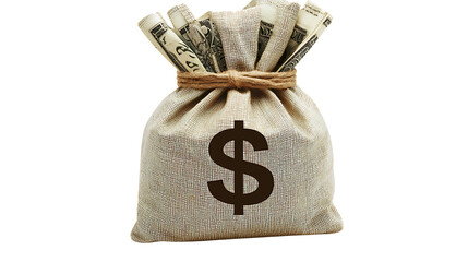 Rustic money bag with dollar sign containing cash evokes wealth and financial success against a dark backdrop, transparent background