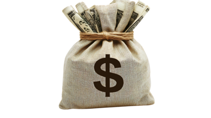 Rustic money bag with dollar sign containing cash evokes wealth and financial success against a dark backdrop, transparent background
