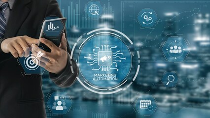 Marketing automation diagram showcase AI-driven campaign workflow, highlight marketing automation,...