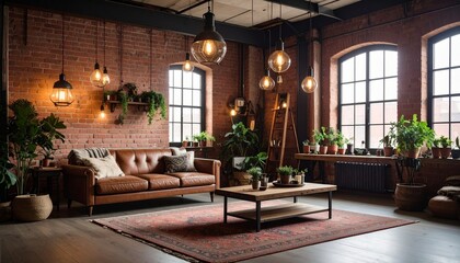 Fototapeta premium Rustic Industrial Loft Apartment Living Room Design with Exposed Brick Walls and Leather Sofa