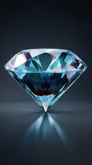 A brilliantly cut clear blue diamond reflects light on a glossy dark surface, showcasing its facets and symmetrical shape in exquisite detail for luxury concepts.