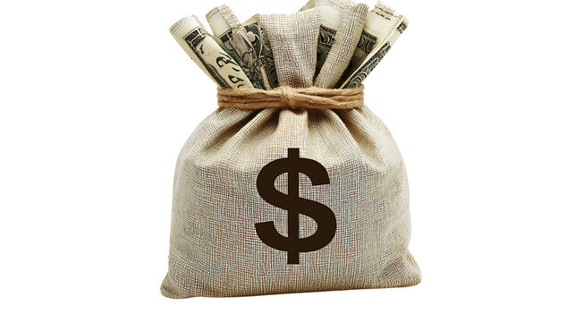 Rustic money bag with dollar sign containing cash evokes wealth and financial success against a dark backdrop, transparent background