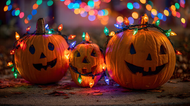 Pumpkins carved with spooky faces wrapped in colorful twinkling christmas string lights blending halloween eeriness with festive holiday cheer