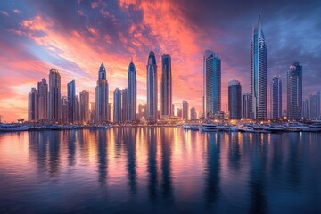 Fototapeta premium Sunrise over Dubai skyline reflecting on calm water