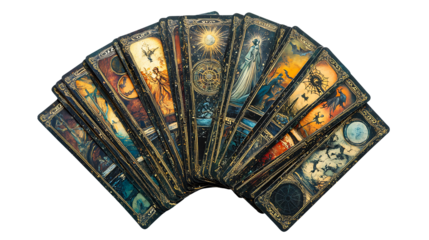 Dramatic tarot card deck fan against a dark backdrop, showing various artistic symbols for divination and fortune telling, transparent background
