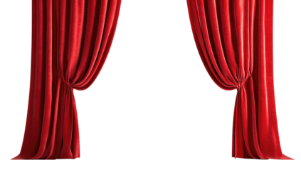 Elegant red theater curtains with a soft velvet texture against transparent background