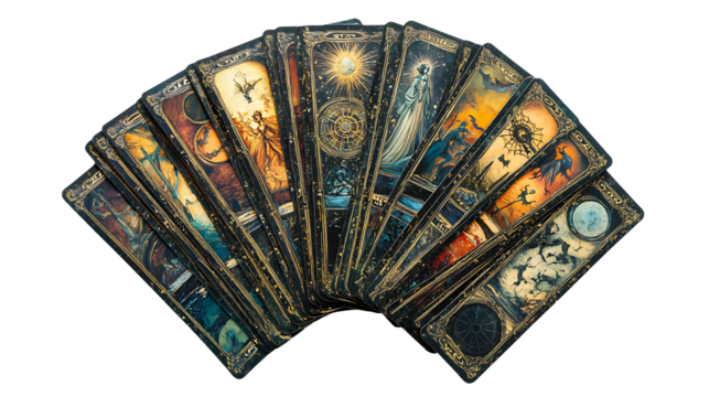 Dramatic tarot card deck fan against a dark backdrop, showing various artistic symbols for divination and fortune telling, transparent background