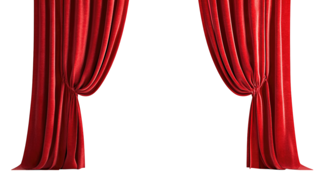 Elegant red theater curtains with a soft velvet texture against transparent background