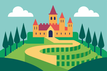 Whimsical Castle on a Hill: A charming vector illustration depicts a fairy-tale castle perched atop a verdant hill, evoking a sense of wonder and imagination.