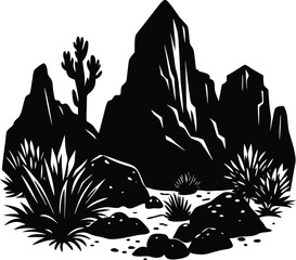 Desert Landscape Silhouette With Arid Vegetation and Rugged Mountains. Striking Desert Landscape Silhouette.  Arid Vegetation and Rugged Mountains for Wall Art and Design. new 2025, trendy