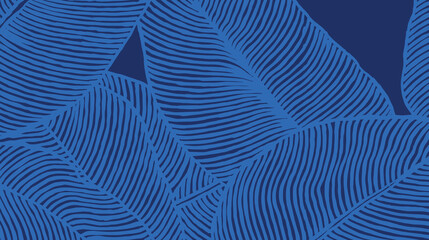 Hand drawn brush lines abstract banana leaves pattern in blue, ethnic and tribal engraving texture background, simple and natural graphic for textile, carpet, decoration
